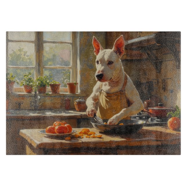 Bull Terrier Cooking in Kitchen Schneidebrett (Vorderseite)