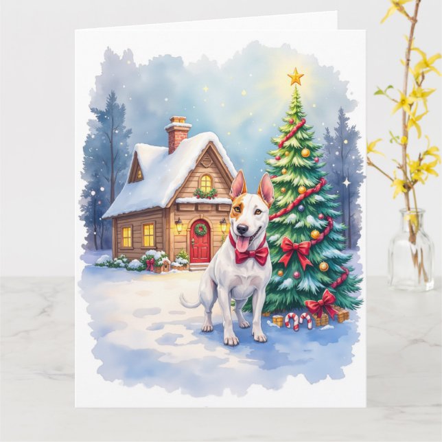 Bull Terrier Cozy Cottage Christmas Tree Art Karte (Gelbe Blume)