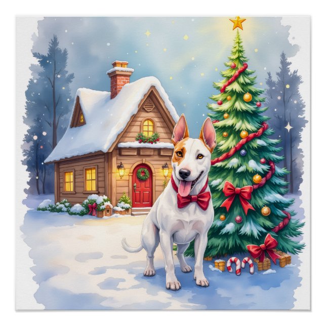 Bull Terrier Cozy Cottage Christmas Tree Art Poster (Vorderseite)