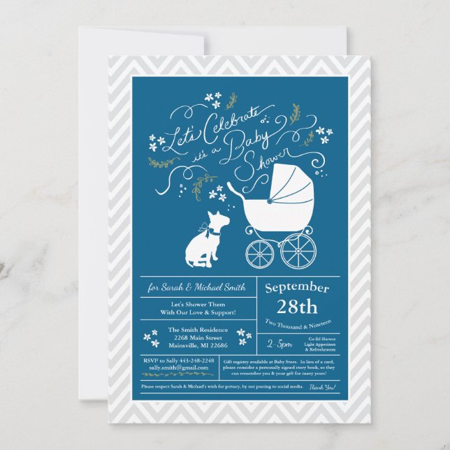 Bull Terrier Dog Baby Shower Blue Boy Einladung (Vorderseite)
