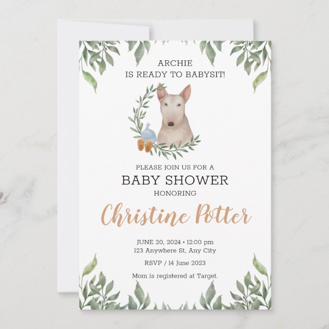 Bull Terrier Dog Boy Boho Greenery Baby Shower Einladung (Vorderseite)