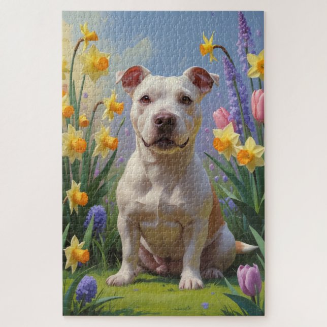 Bull Terrier Dog Frühlingsblumen Malerei Puzzle (Vertikal)
