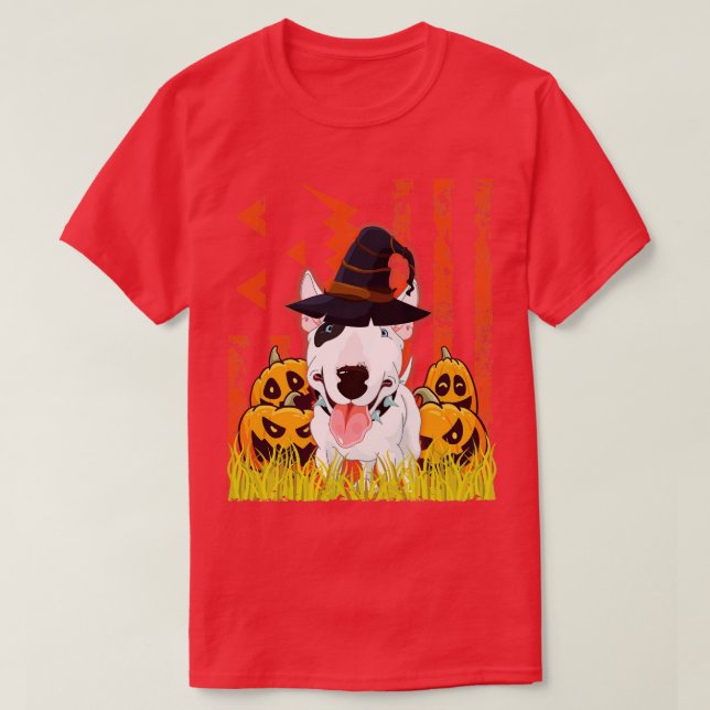 Bull Terrier Dog Hexe tanzt um Pumpkins in T-Shirt (Design vorne)