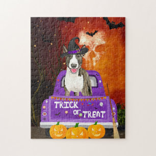 Bull Terrier Dog im Halloween-Lkw Puzzle