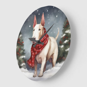 Bull Terrier Dog im Schnee Weihnachten Große Wanduhr