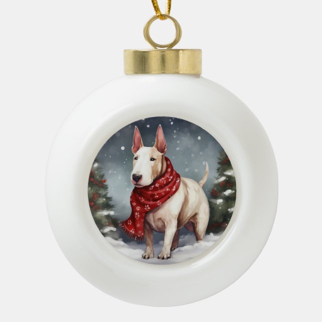 Bull Terrier Dog im Schnee Weihnachten Keramik Kugel-Ornament (Vorderseite)