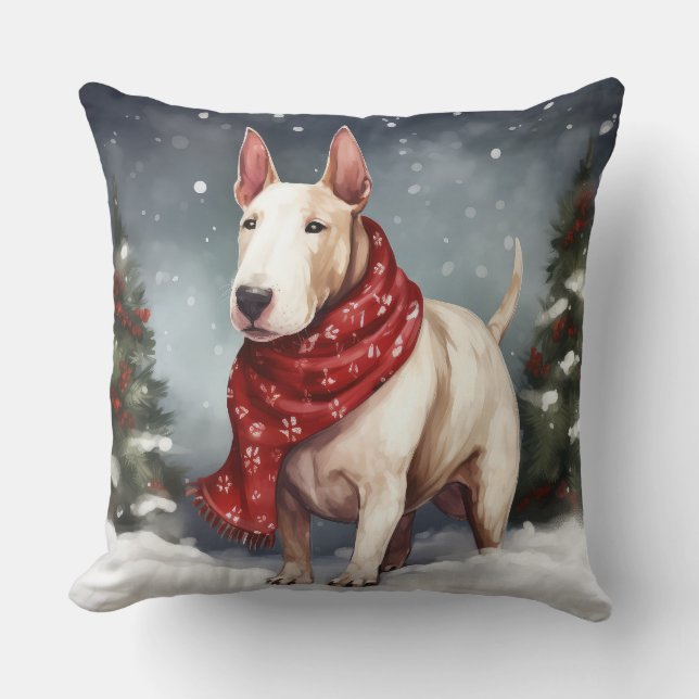 Bull Terrier Dog im Schnee Weihnachten Kissen (Vorderseite)