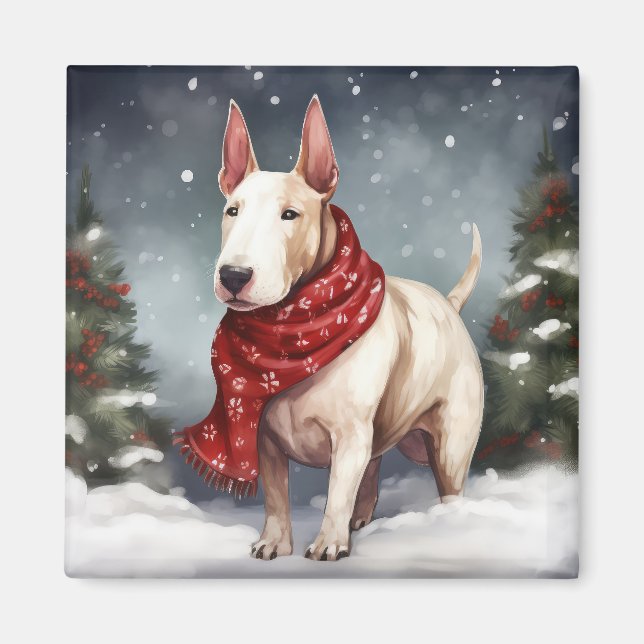 Bull Terrier Dog im Schnee Weihnachten Magnet (Vorne)