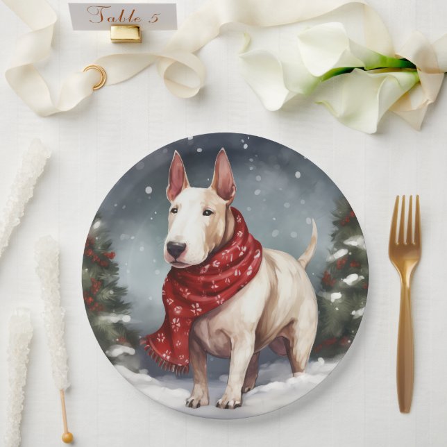 Bull Terrier Dog im Schnee Weihnachten Pappteller (Hochzeit)
