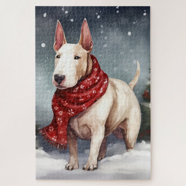 Bull Terrier Dog im Schnee Weihnachten Puzzle (Vertikal)
