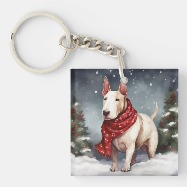 Bull Terrier Dog im Schnee Weihnachten Schlüsselanhänger (Vorderseite)