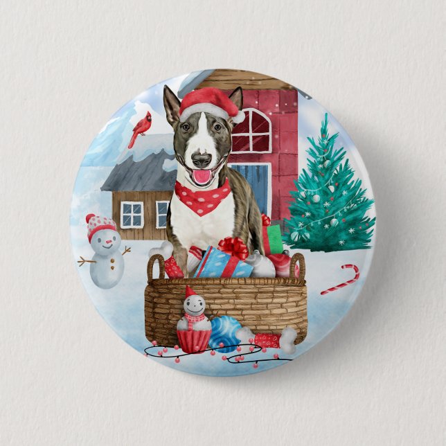 Bull Terrier Dog im Schnee Weihnachtshundehaus Button (Vorderseite)