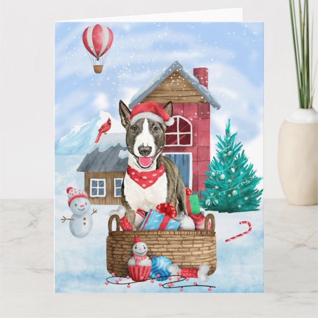 Bull Terrier Dog im Schnee Weihnachtshundehaus Karte (Vorderseite)