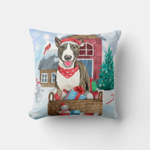 Bull Terrier Dog im Schnee Weihnachtshundehaus Kissen