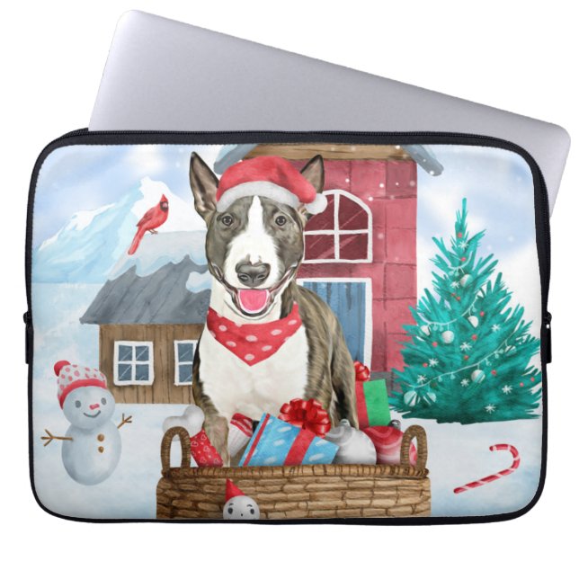Bull Terrier Dog im Schnee Weihnachtshundehaus Laptopschutzhülle (Vorderseite)