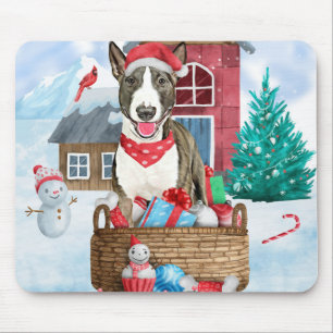 Bull Terrier Dog im Schnee Weihnachtshundehaus Mousepad