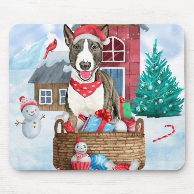 Bull Terrier Dog im Schnee Weihnachtshundehaus Mousepad (Vorne)