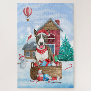 Bull Terrier Dog im Schnee Weihnachtshundehaus Puzzle