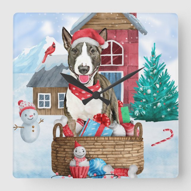 Bull Terrier Dog im Schnee Weihnachtshundehaus Quadratische Wanduhr (Vorderseite)