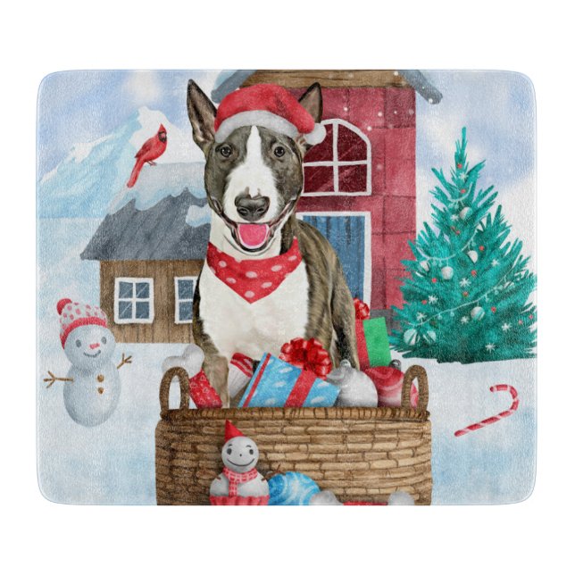 Bull Terrier Dog im Schnee Weihnachtshundehaus Schneidebrett (Vorderseite)
