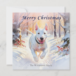 Bull Terrier Dog im Winter Schnee Frohe Weihnachte Feiertagskarte