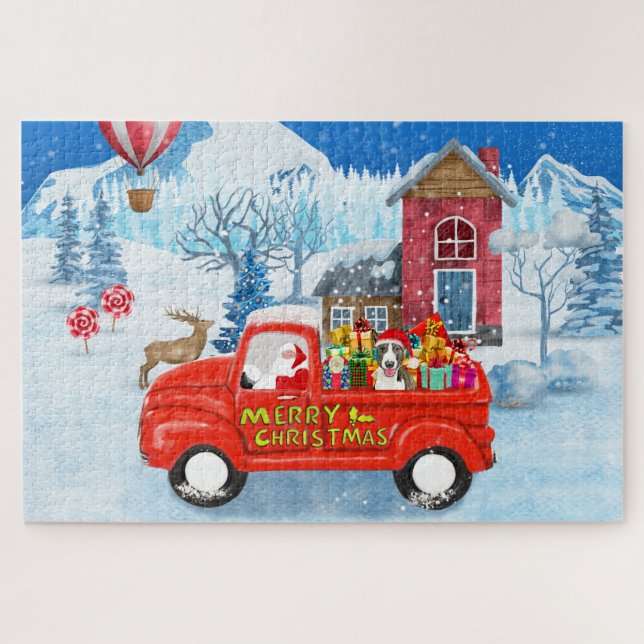 Bull Terrier Dog in Christmas Delivery Truck Schne Puzzle (Horizontal)