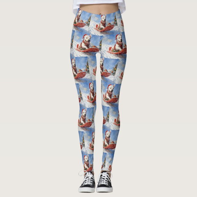 Bull Terrier Dog in Sledge Let it Schnee Weihnacht Leggings (Vorderseite)