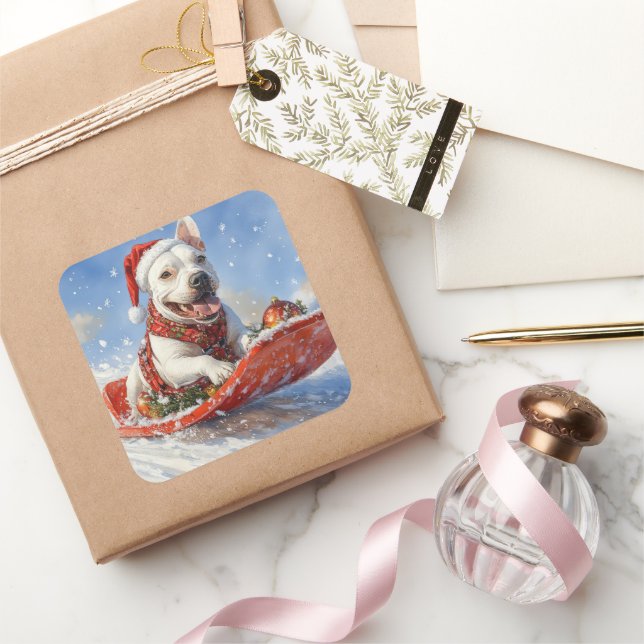 Bull Terrier Dog in Sledge Let it Schnee Weihnacht Quadratischer Aufkleber (Schenken)