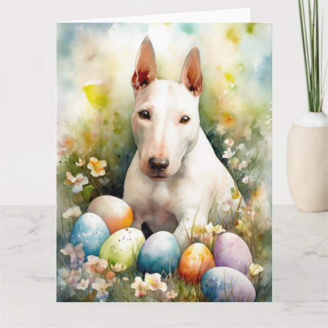 Bull Terrier Dog mit Ostereier Urlaub Karte (Vorderseite)