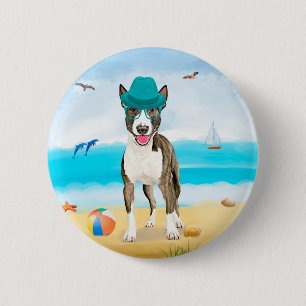 Bull Terrier Dog on Beach Button