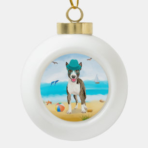 Bull Terrier Dog on Beach Keramik Kugel-Ornament
