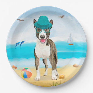 Bull Terrier Dog on Beach Pappteller