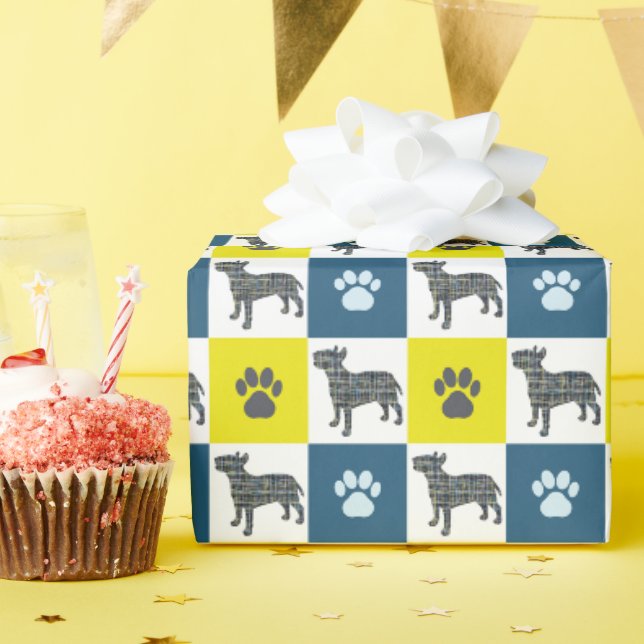 Bull Terrier Dog & Paw Yellow & Blue Grid Geschenkpapier (Geburtstagsparty)
