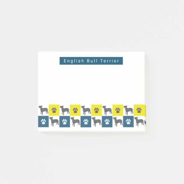 Bull Terrier Dog & Paw Yellow & Blue Grid Post-it Klebezettel (Vorderseite)