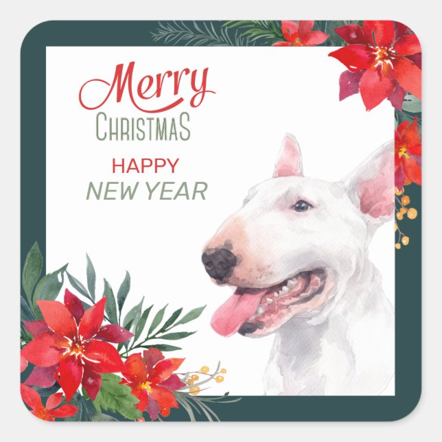 Bull Terrier Dog Poinsettia - Weihnachten Quadratischer Aufkleber (Vorderseite)