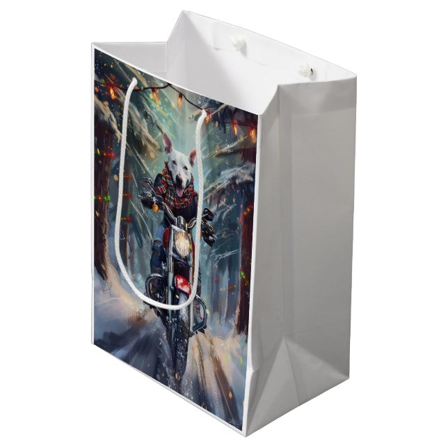 Bull Terrier Dog Riding Motorrad Weihnachten Mittlere Geschenktüte (Vorderseite Schrägansicht)