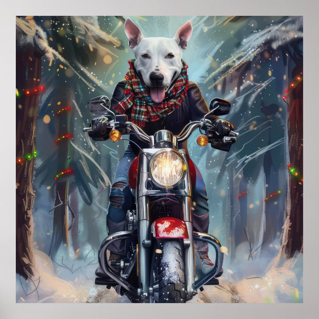 Bull Terrier Dog Riding Motorrad Weihnachten Poster (Vorne)