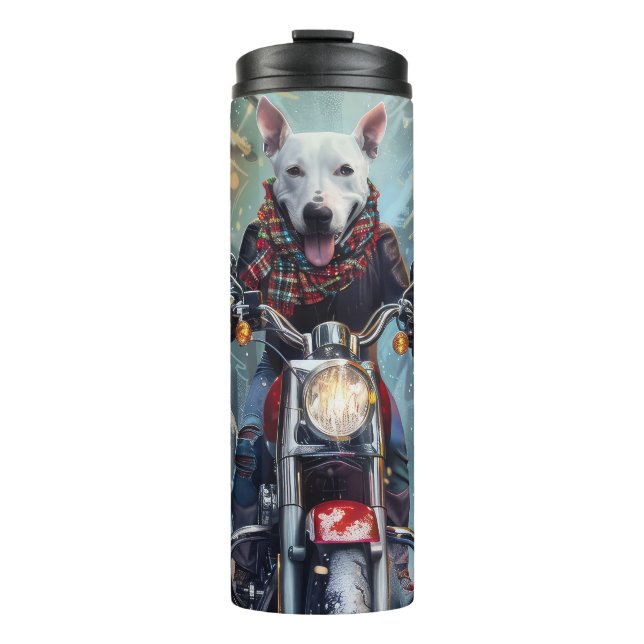 Bull Terrier Dog Riding Motorrad Weihnachten Thermosbecher (Vorderseite)