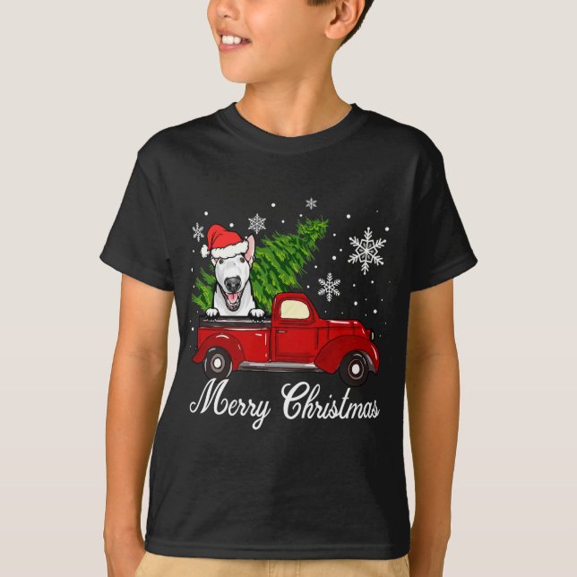 Bull Terrier Dog Riding Red Truck Weihnachtsdekor T-Shirt (Vorderseite)