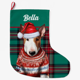 Bull Terrier Dog Rot und Grün Kariert Personalisie Großer Weihnachtsstrumpf