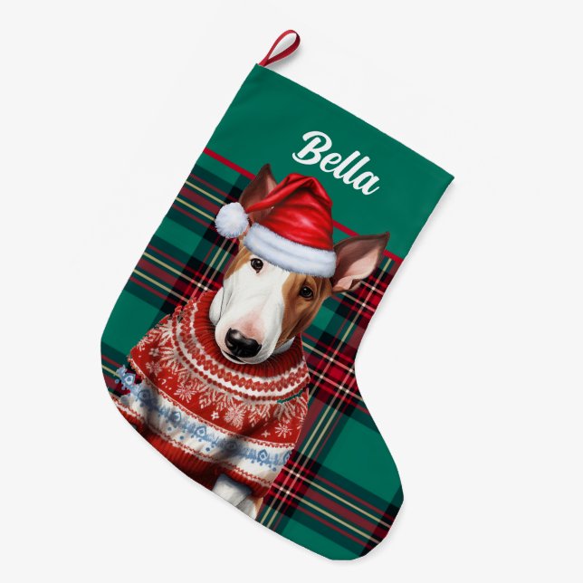 Bull Terrier Dog Rot und Grün Kariert Personalisie Großer Weihnachtsstrumpf (Vorderansicht (hängend))