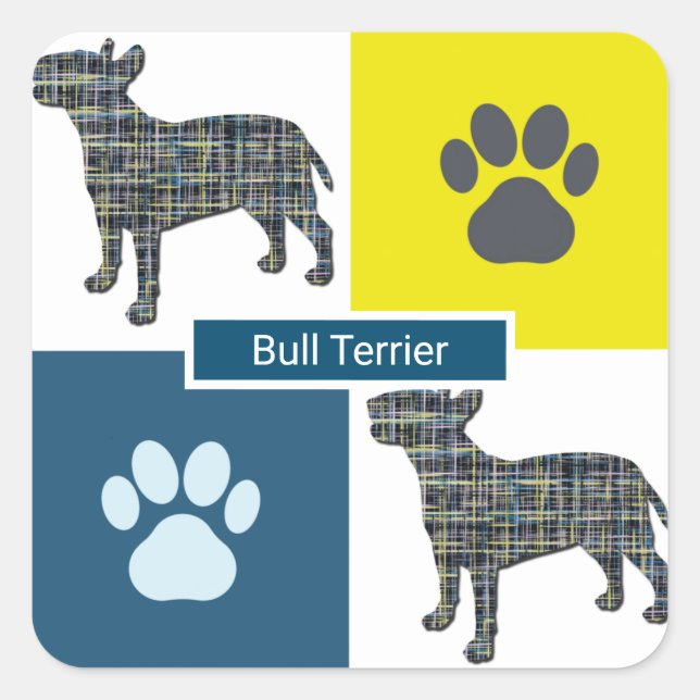Bull Terrier Dog Silhouette & Paw Y&B Grid Quadratischer Aufkleber (Vorderseite)