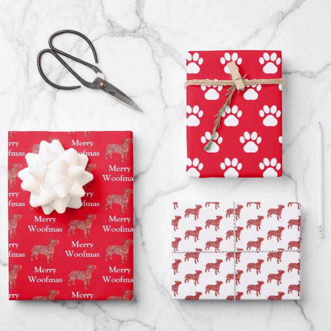 Bull Terrier Dog Silhouette Red Merry Woofmas Geschenkpapier Set (Vorderseite)