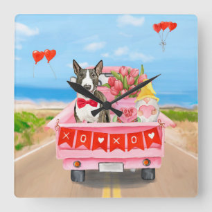 Bull Terrier Dog Valentine's Day Lkw Herz Quadratische Wanduhr