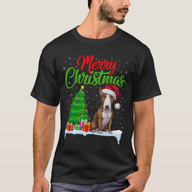 Bull Terrier Dog Weihnachtsbaum Lichter Funny Xmas T-Shirt (Vorderseite)