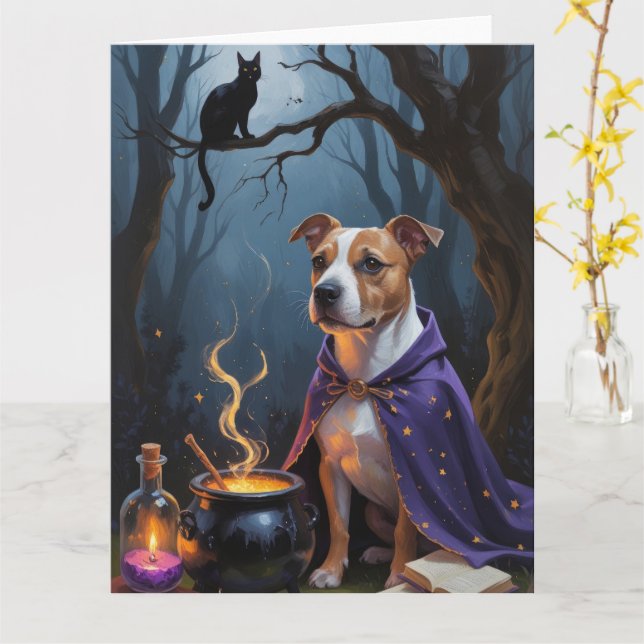 Bull Terrier Dog Whimsical Halloween Malerei Karte (Gelbe Blume)