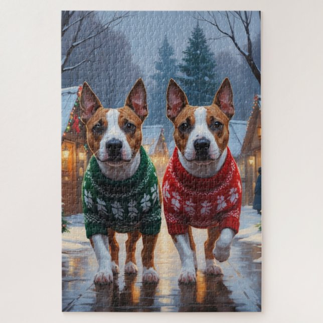 Bull Terrier Dogs Christmas Snow Holiday Puzzle (Vertikal)