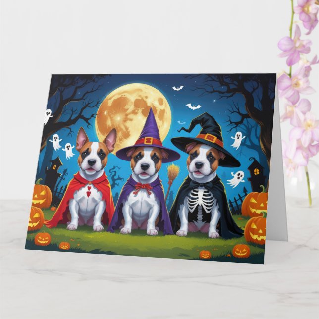 Bull Terrier Dogs Pumpkin Halloween Funny Karte (Orchidee)
