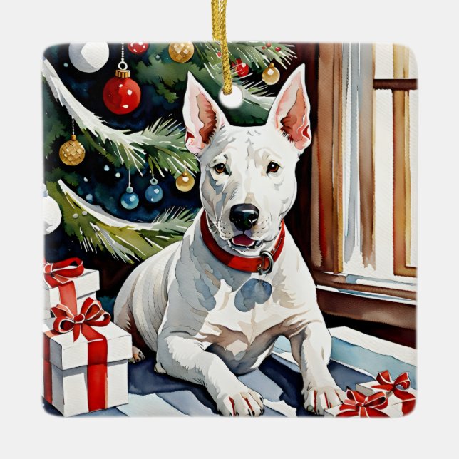 Bull Terrier feierliche Weihnachten Keramikornament (Vorderseite)