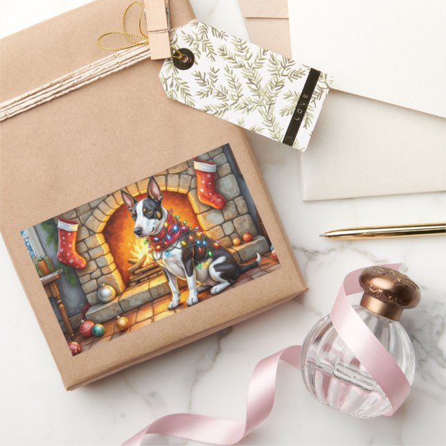Bull Terrier Fireplace with Christmas Lights Rechteckiger Aufkleber (Schenken)